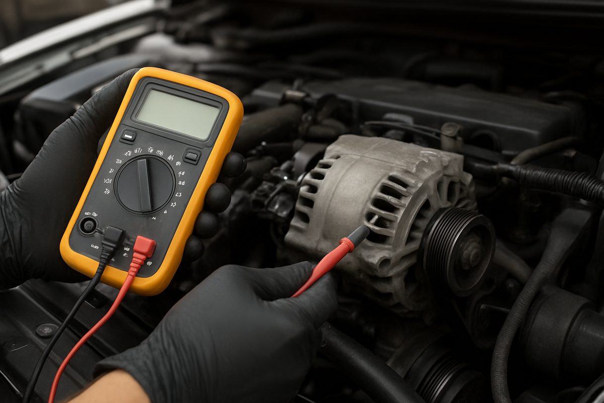 Technician testing an alternator with a digital multimeter in an engine bay