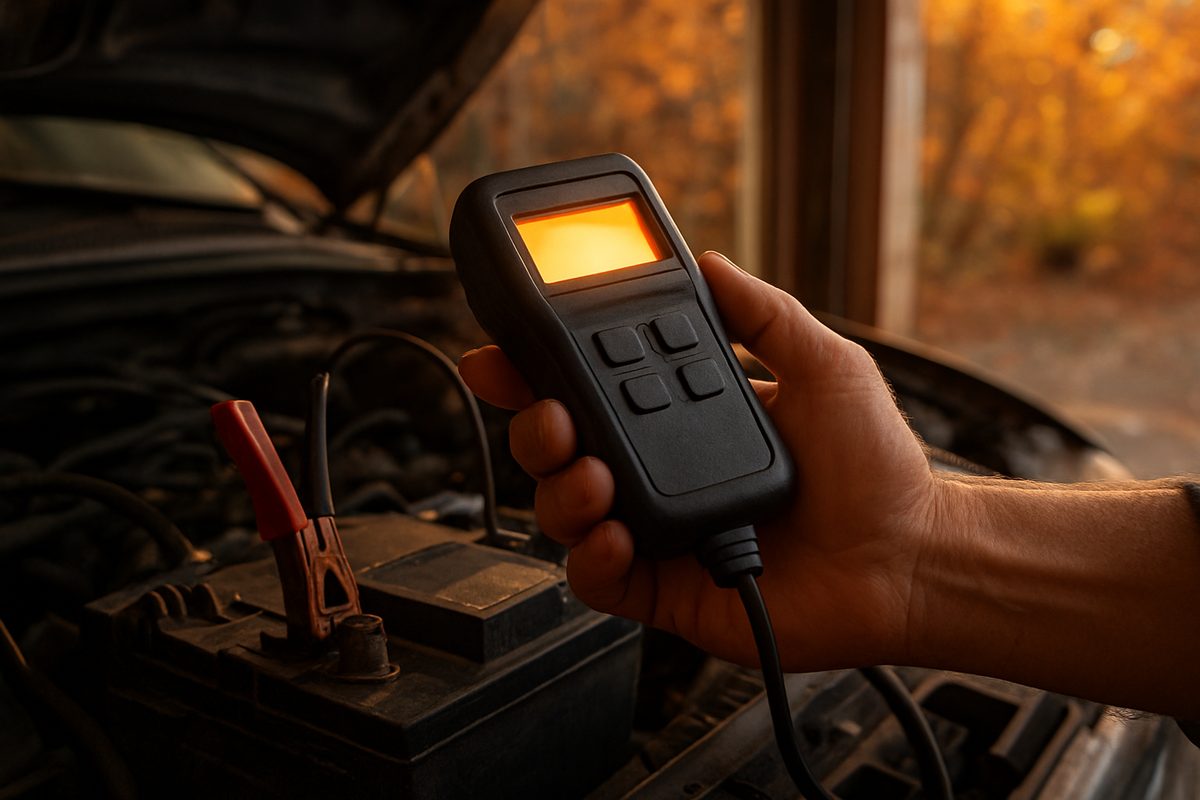 Technician holding a digital battery tester clamped to a car battery under the hood