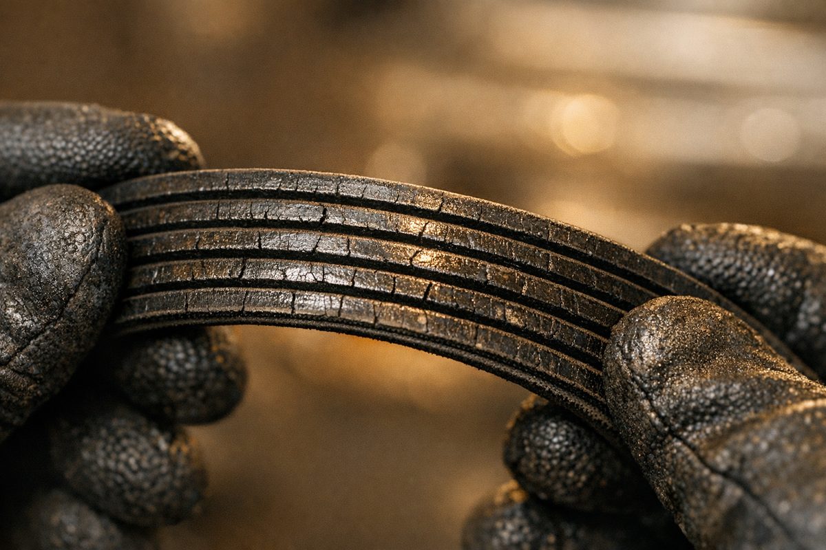 Close-up of cracks across the ribs of a worn serpentine belt