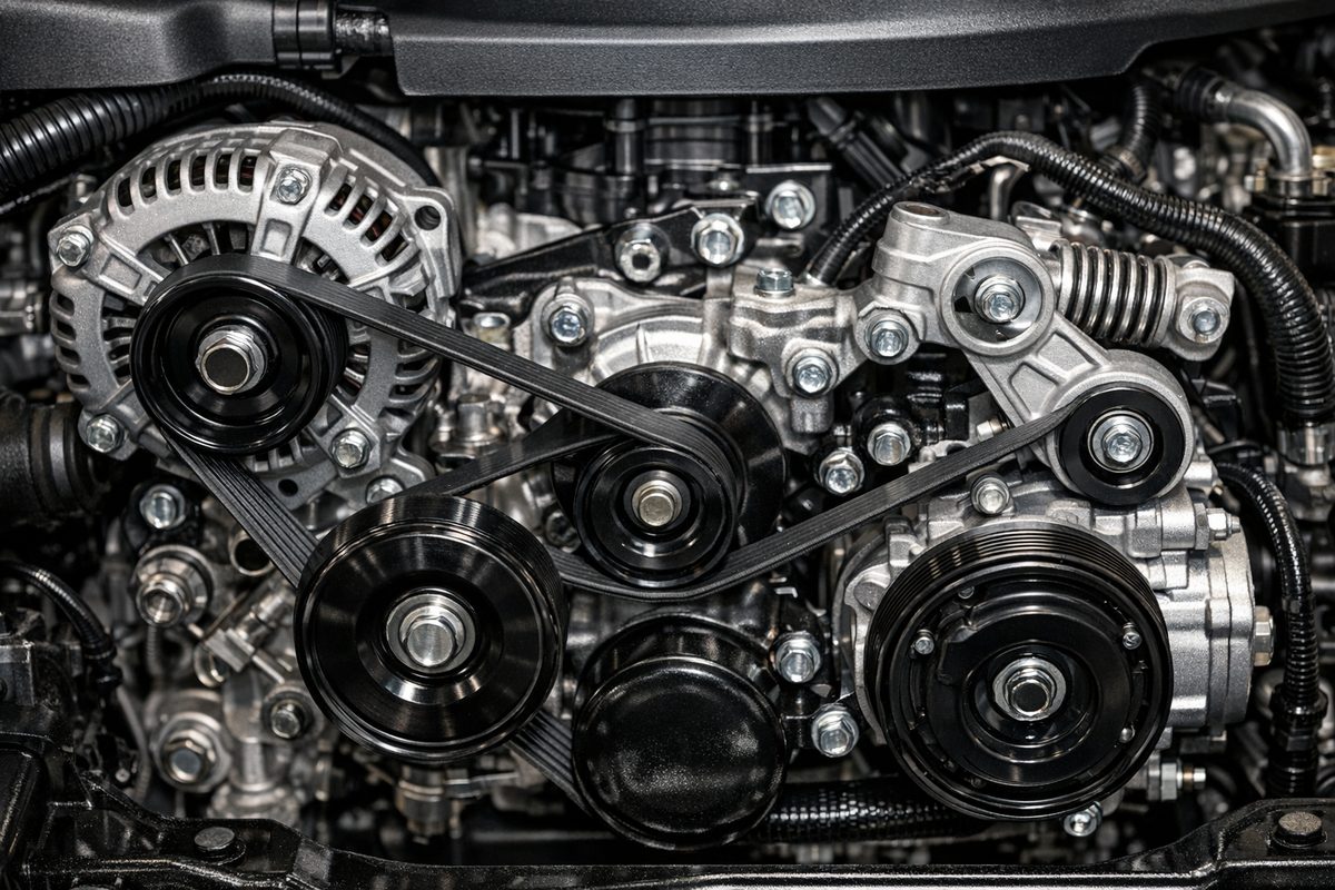 Serpentine belt routed around the alternator, tensioner, idler and A/C compressor pulleys on a car engine