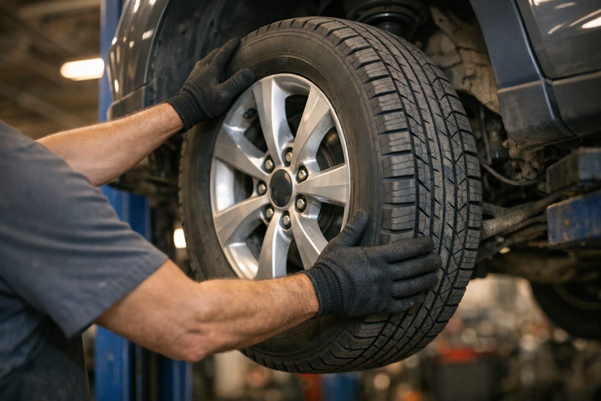 Technician rocking a wheel on a lifted vehicle to check for wheel bearing play