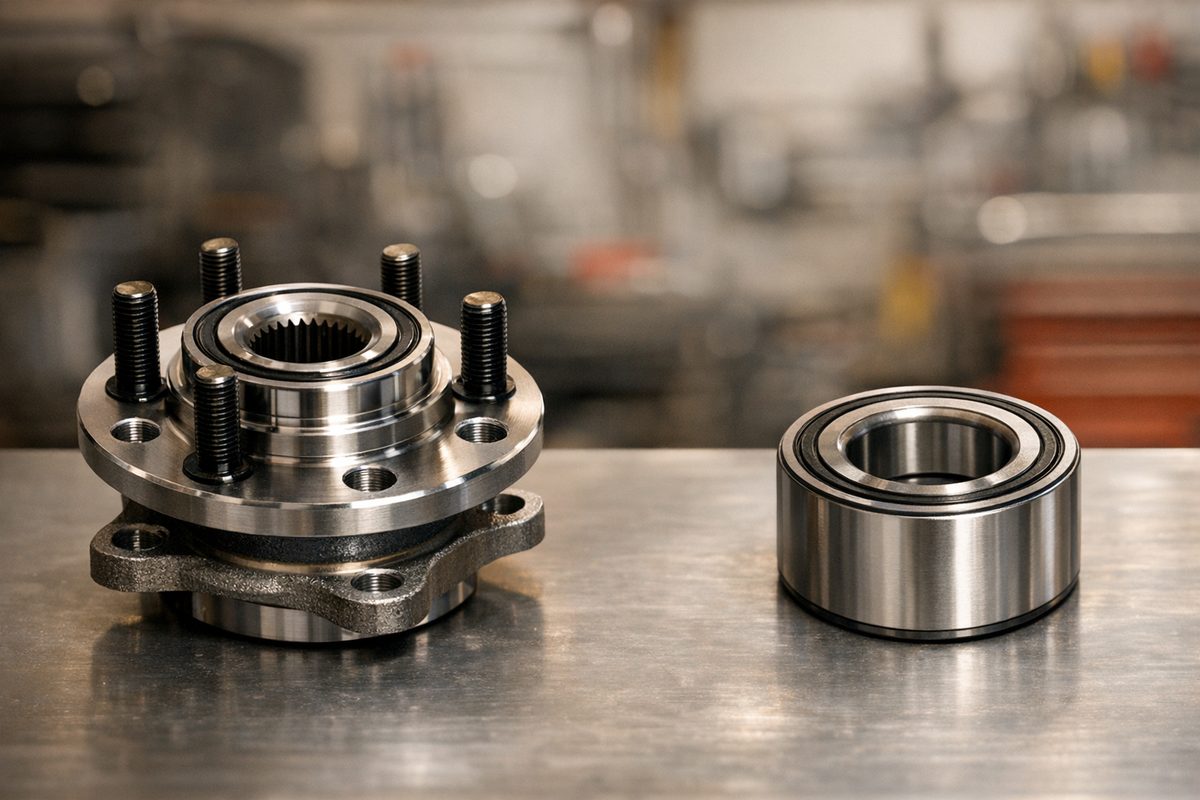 A bolt-in wheel hub and bearing assembly beside a press-in wheel bearing