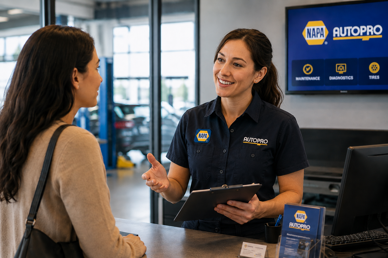 POCO NAPA AUTOPRO service advisor explaining an oil change to a customer at the Port Coquitlam shop