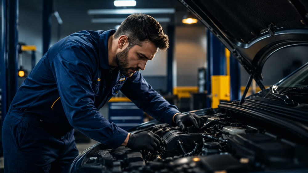 Mechanic inspecting an engine under the hood after a check engine light came on