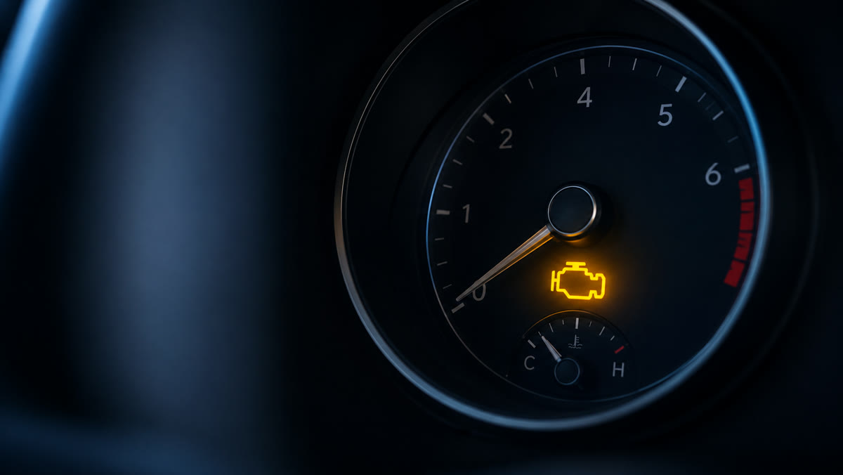 Check engine light illuminated on a vehicle dashboard gauge cluster