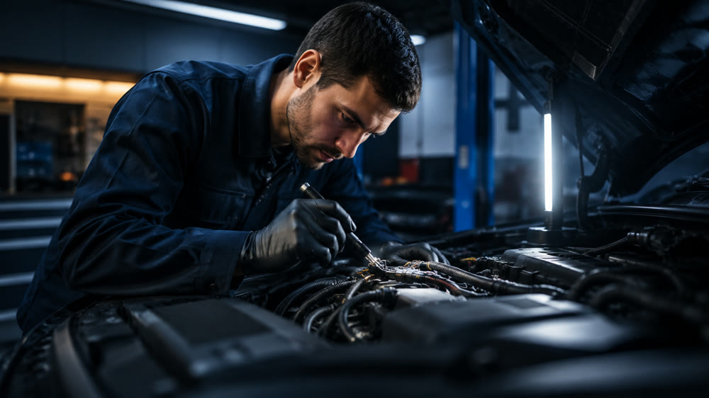 POCO NAPA AUTOPRO technician testing engine wiring and sensors to trace a check engine light