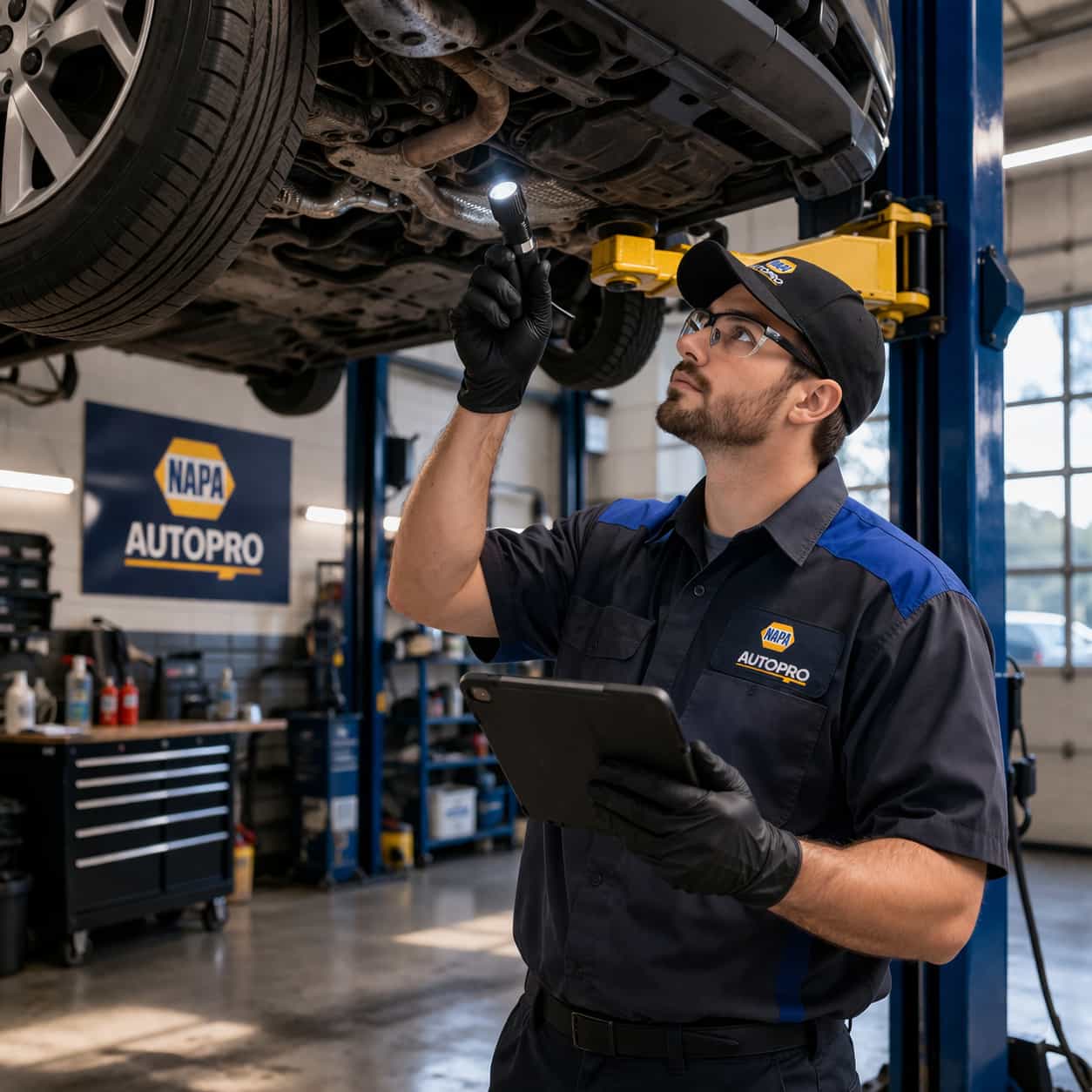 A technician reviewing a digital vehicle inspection with photos and notes