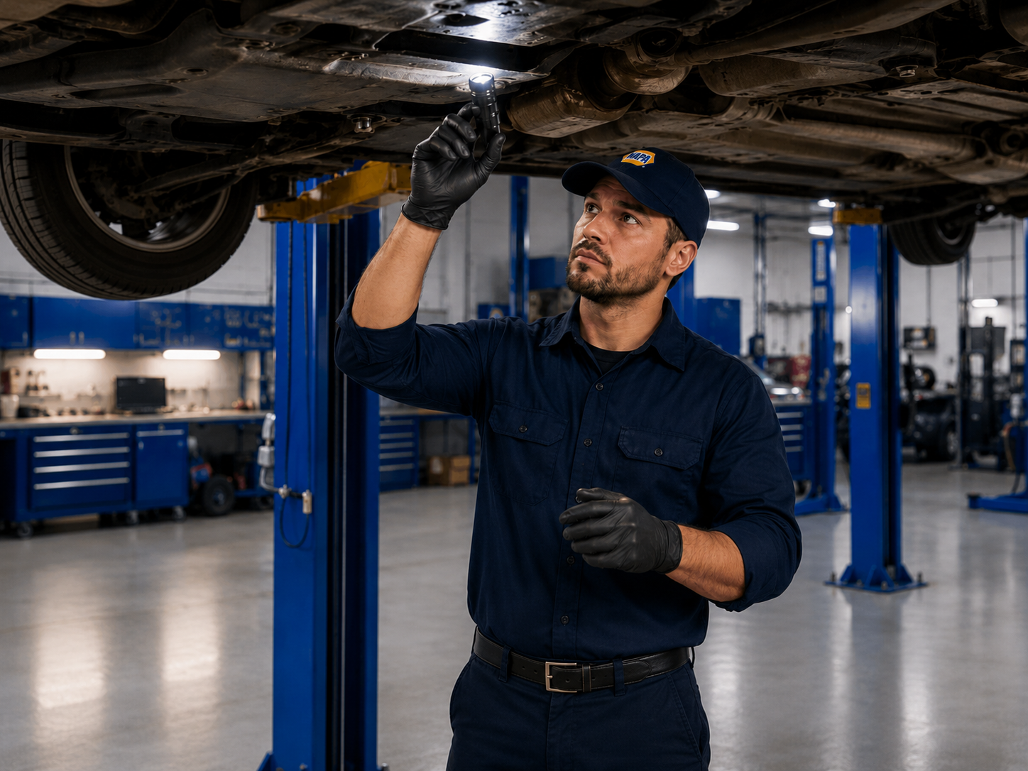 NAPA AUTOPRO technician inspecting a vehicle on the hoist during an oil change in Port Coquitlam